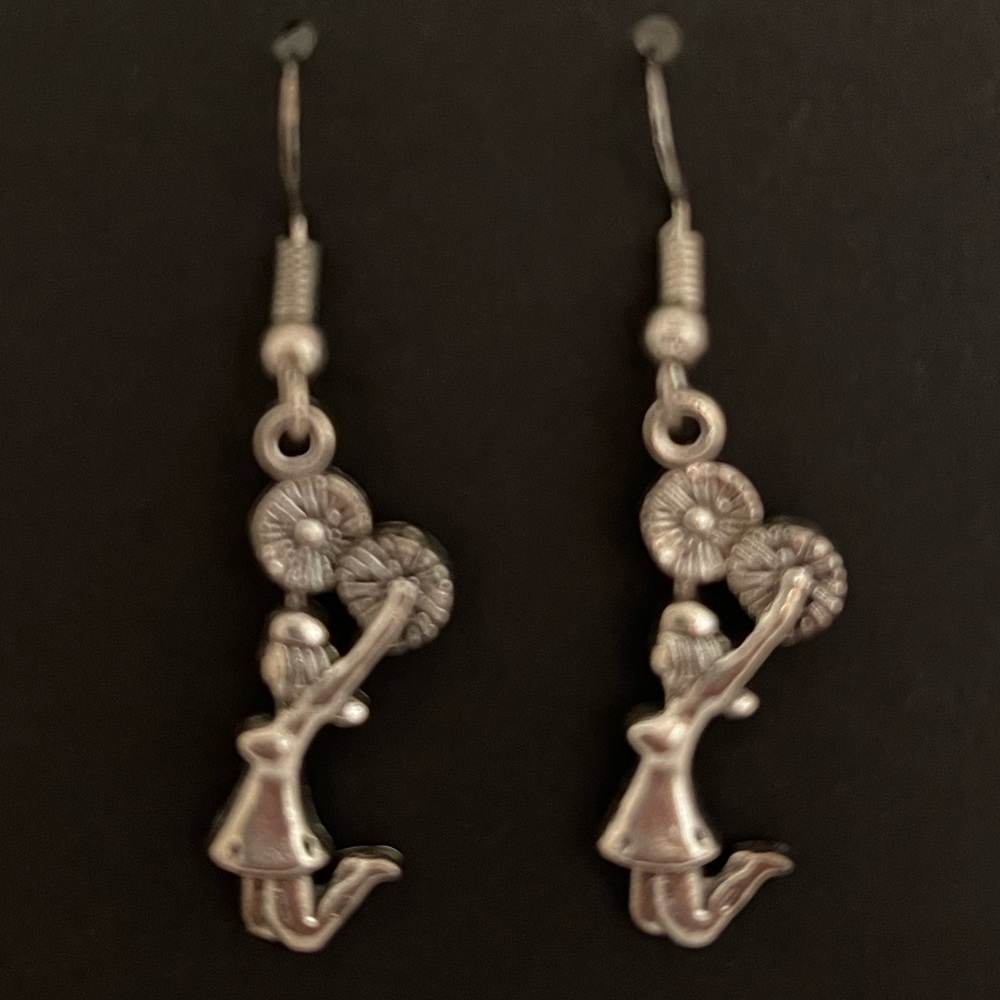 Hand crafted drop down dangle cheerleader earrings.